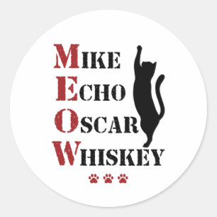Pegatina Redonda Mike Echo Oscar Whiskey MEOW Cat