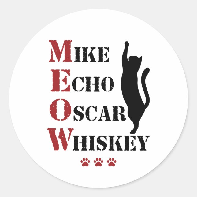 Pegatina Redonda Mike Echo Oscar Whiskey MEOW Cat (Anverso)