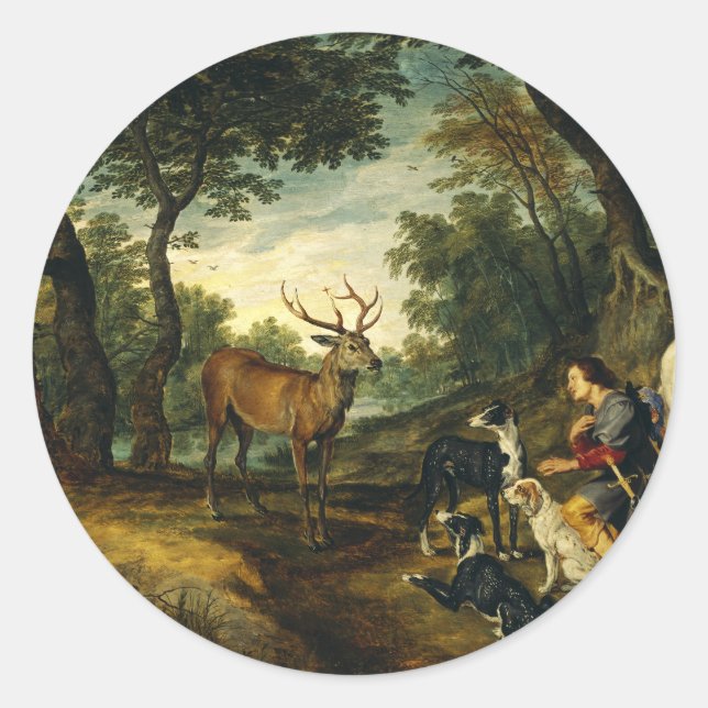 Pegatina Redonda Milagro de San Hubert de Peter Paul Rubens (Anverso)