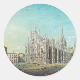 Pegatina Redonda Milán Piazza del Duomo años 1850 por Carlo Bossoli