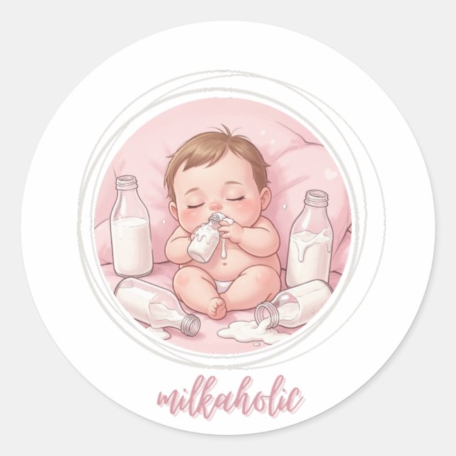 Pegatina Redonda Milkaholic Baby Print | Cute Nursery Funny Art (Anverso)
