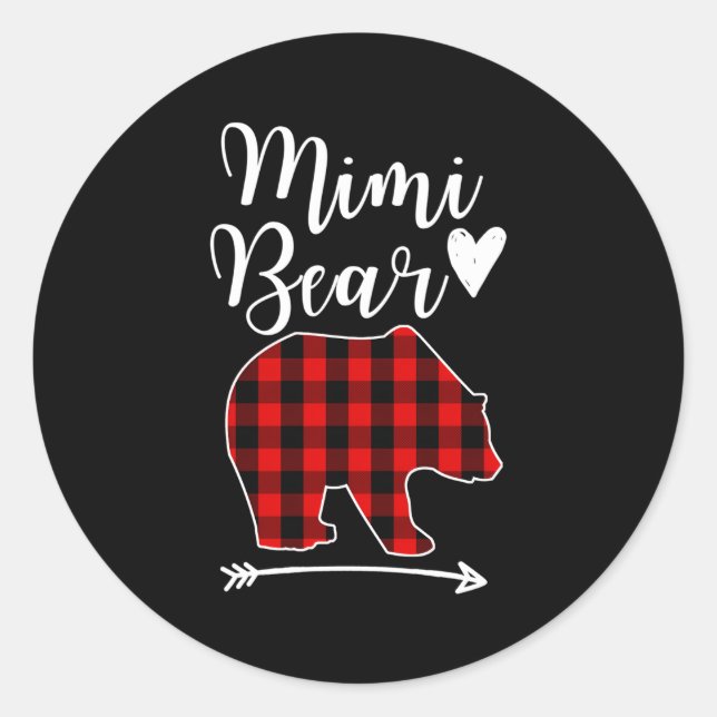 Pegatina Redonda Mimi Bear Black Red Plaid Bear Grandma (Anverso)