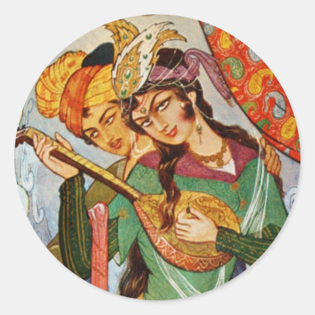 Pegatina Redonda Miniatura persa Nymph con setar en detalle (Anverso)