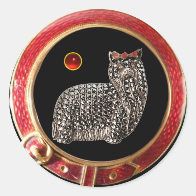 Pegatina Redonda MINIATURA VICTORIANA RETRATO DE PERRO Yorkshire Te (Anverso)