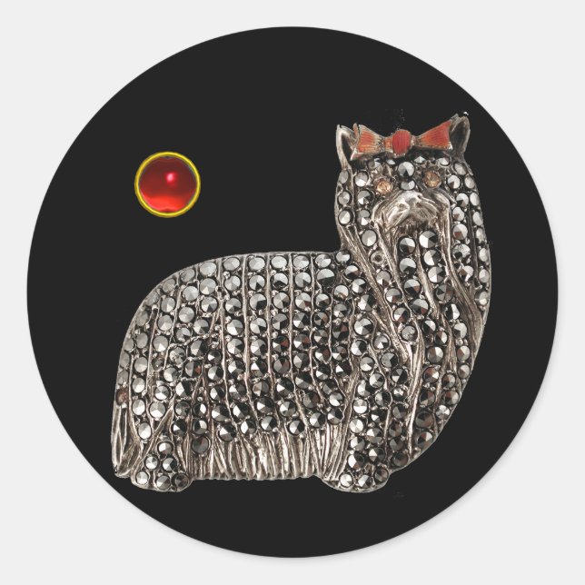 Pegatina Redonda MINIATURA VICTORIANA RETRATO DE PERRO Yorkshire Te (Anverso)