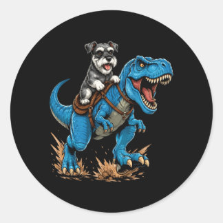 Pegatina Redonda Miniature Schnauzer montando T Rex Dinosaurio Dive