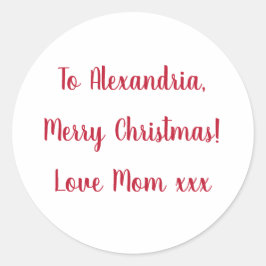 Pegatina Redonda Mínima Feliz Navidad de parte de la madre, roja y 