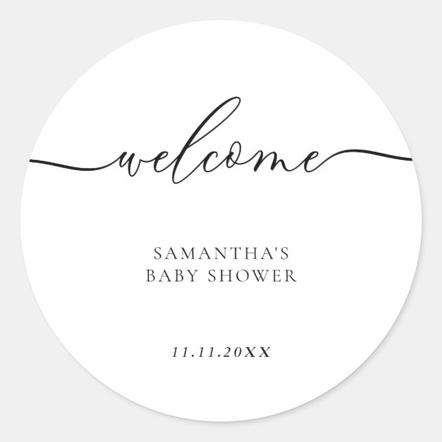 Pegatina Redonda Minimal Baby Shower Script Lettering Welcome (Anverso)