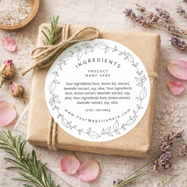 Pegatina Redonda Minimal Black and White Wreath Ingredients Label (Simple Modern Asymmetrical Wreath Ingredients Classic Round Sticker)