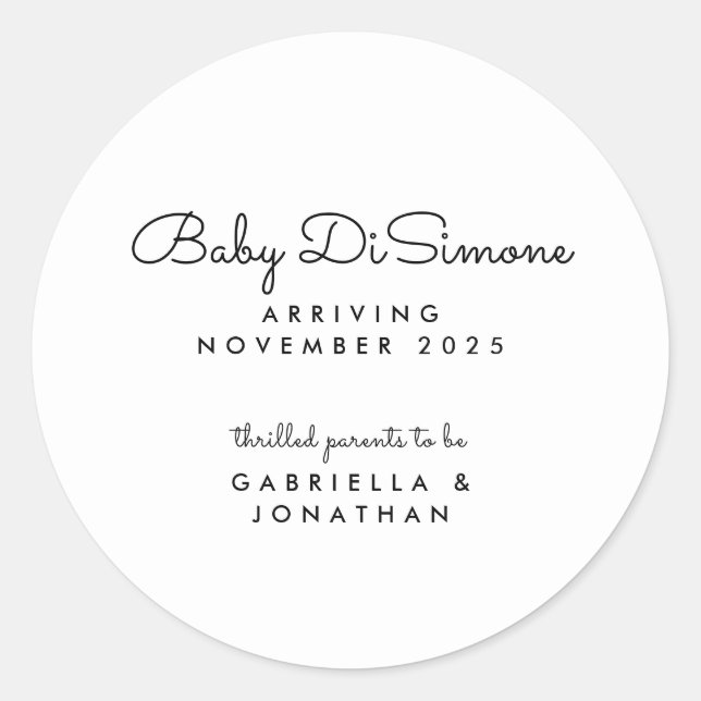 Pegatina Redonda Minimal Black White Script Pregnancy Announcement  (Anverso)