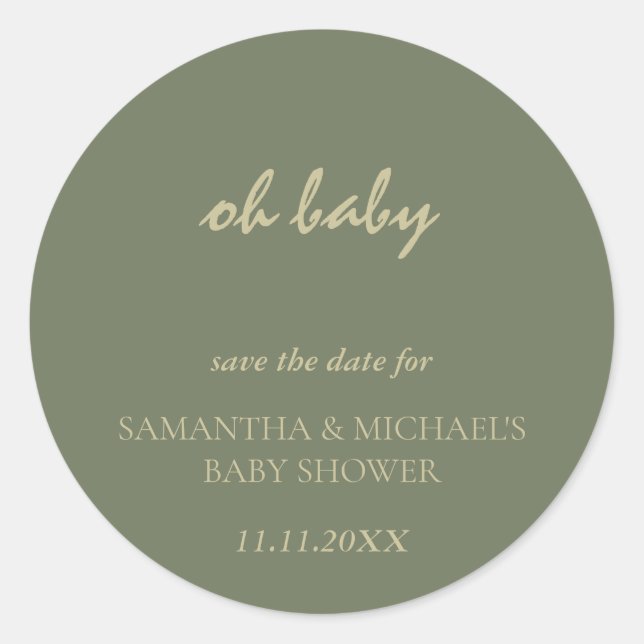 Pegatina Redonda Minimal Clean Sage Gold Script BABY Save Date (Anverso)