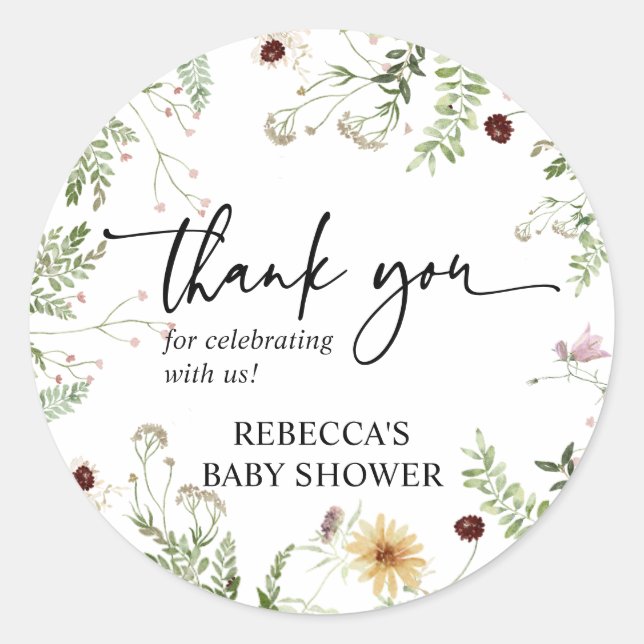 Pegatina Redonda Minimal Cute Wildflowers Baby Shower Gracias (Anverso)