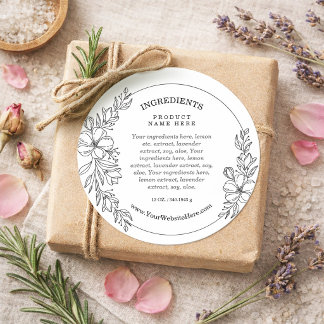 Pegatina Redonda Minimal Floral Black and White Ingredients Sticker