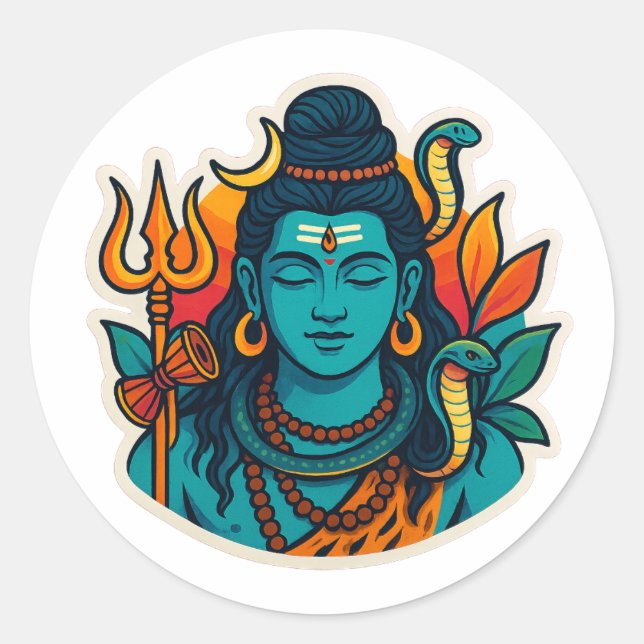 Pegatina Redonda Minimal Lord Shiva Illustration – Trishul, Damru (Anverso)