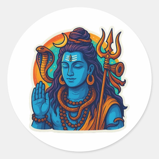 Pegatina Redonda Minimal Lord Shiva Illustration – Trishul, Damru (Anverso)
