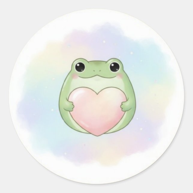 Pegatina Redonda Minimal Love Frog Sticker Cute Frog Holding Heart  (Anverso)