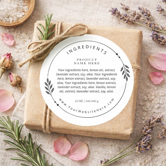 Pegatina Redonda Minimal Olive Branch Wreath Ingredients Label (Minimal Olive Branch Wreath Ingredients Label)