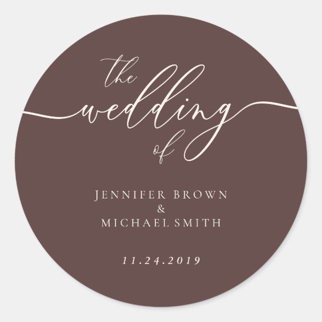 Pegatina Redonda Minimal Script Chocolate Brown Wedding (Anverso)