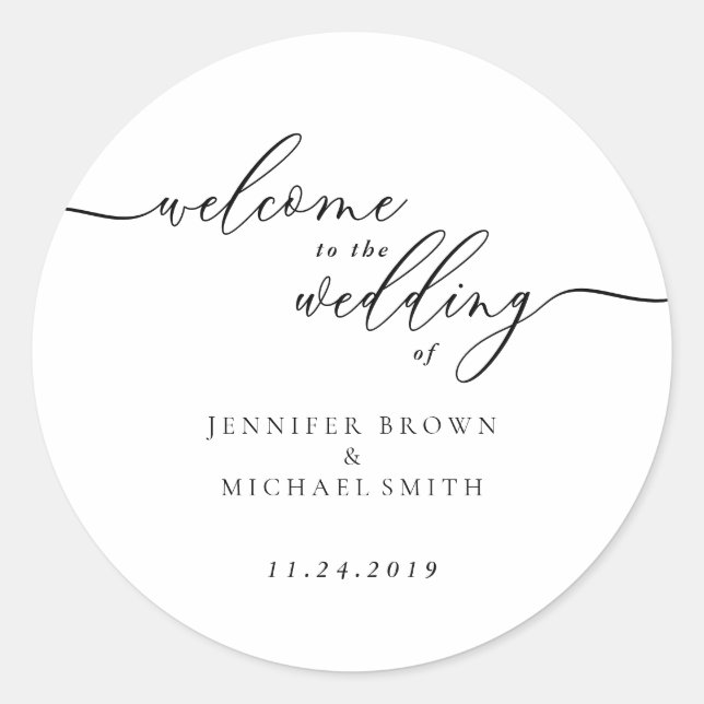 Pegatina Redonda Minimal Signature Custom Name Date Welcome Wedding (Anverso)
