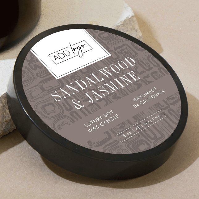 Pegatina Redonda Minimal Taupe Boho Pattern Logo Wax Candle Jar Lid (Modern neutral design round product labels with your custom logo and abstract boho background)