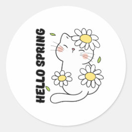 Pegatina Redonda Minimalist Aesthetic Hello Spring Cat & Daisy 