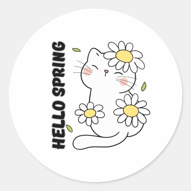 Pegatina Redonda Minimalist Aesthetic Hello Spring Cat & Daisy  (Anverso)
