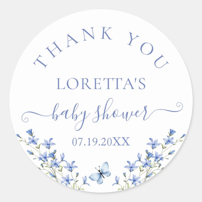 Pegatina Redonda Minimalist Blue Floral Baby Shower Thank You (Anverso)