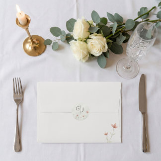 Pegatina Redonda Minimalist Blush Pink Wildflower Wedding Envelope 