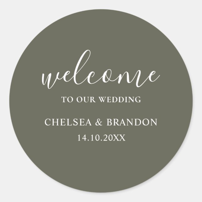 Pegatina Redonda Minimalist Boho Chic Sage Green Welcome Wedding (Anverso)