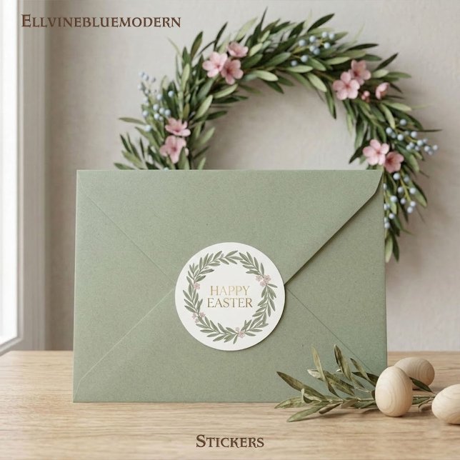 Pegatina Redonda Minimalist Botanical Wreath Happy Easter (Chic floral foliage design: the perfect sophisticated seal for invitations or spring gift baskets.)