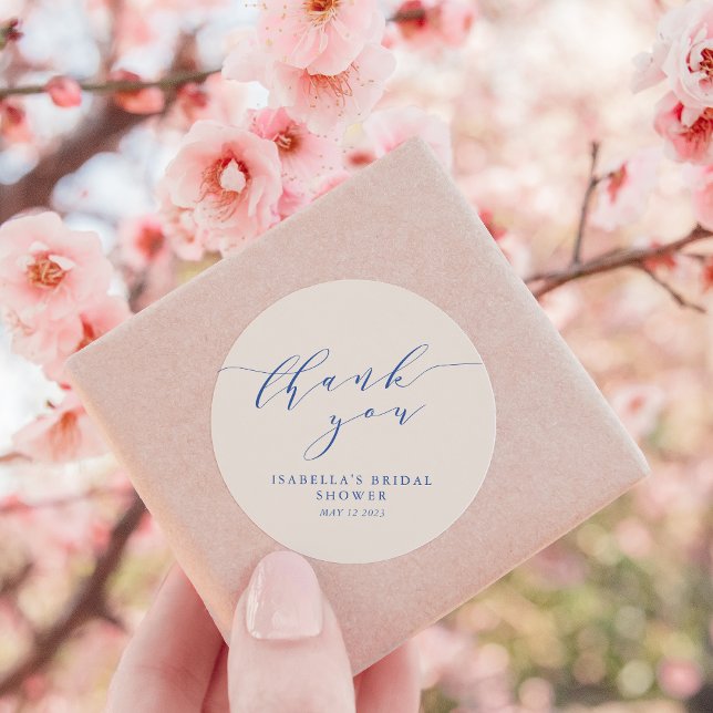 Pegatina Redonda Minimalist Classic Ivory Blue Bridal Shower Thanks (Subido por el creador)