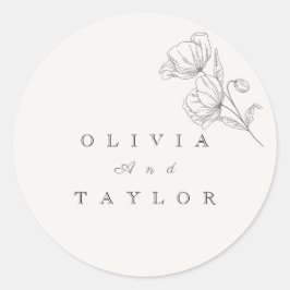 Pegatina Redonda Minimalist Floral Line Art Wedding 