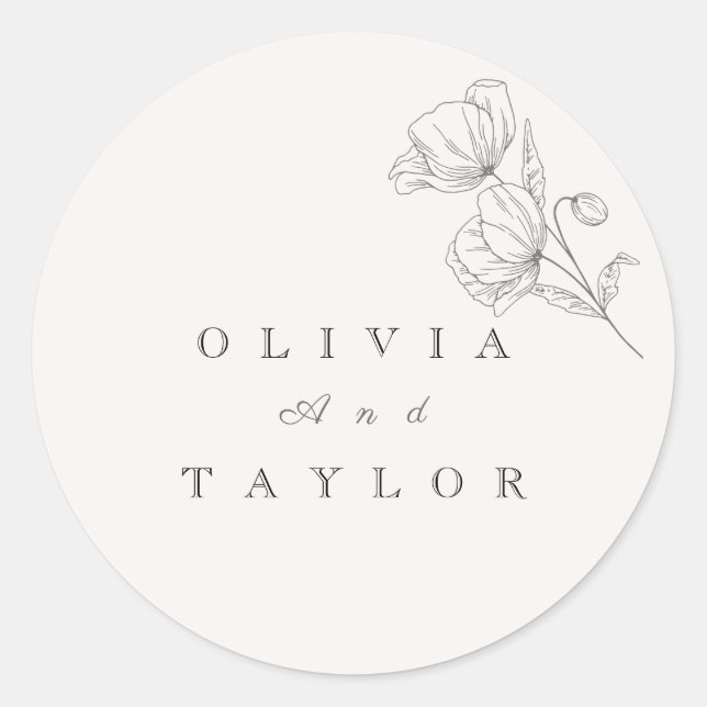 Pegatina Redonda Minimalist Floral Line Art Wedding  (Anverso)