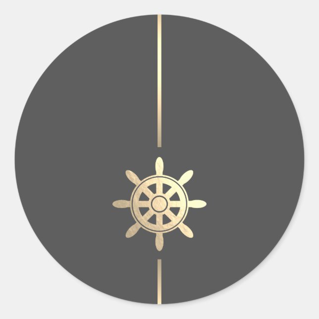 Pegatina Redonda Minimalist Gold Ships Wheel Round Sticker (Anverso)