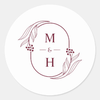Pegatina Redonda Minimalist Monogram Elegant Burgundy Wedding Favor