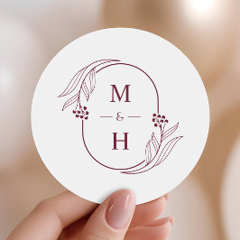 Pegatina Redonda Minimalist Monogram Elegant Burgundy Wedding Favor