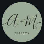 Pegatina Redonda Minimalist Monogram Script Custom green Wedding<br><div class="desc">Elevate your wedding details with the Minimalist Monogram Script Custom Wedding Date green Sticker. This elegant and personalized sticker adds a touch of sophistication to your wedding stationery, allowing you to showcase your monogram and wedding date in a simple yet impactful way. The sticker features a minimalist script design that...</div>