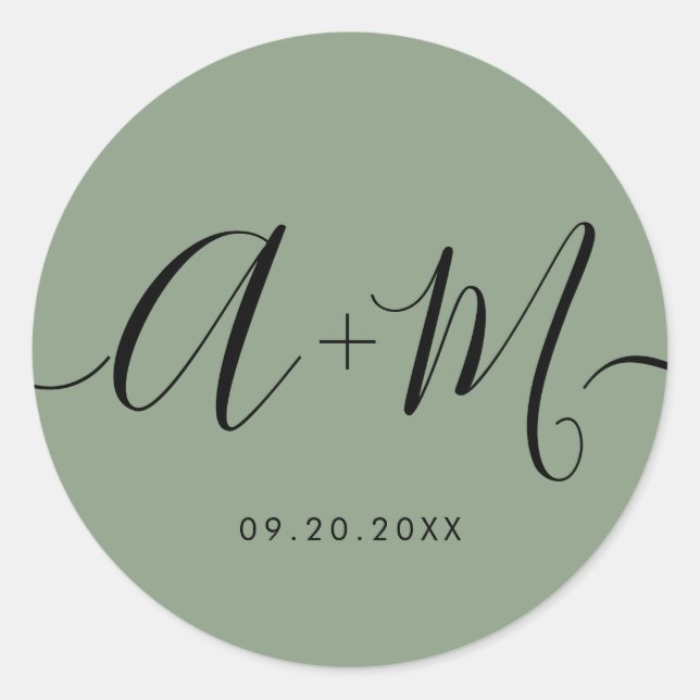 Pegatina Redonda Minimalist Monogram Script Custom green Wedding (Anverso)