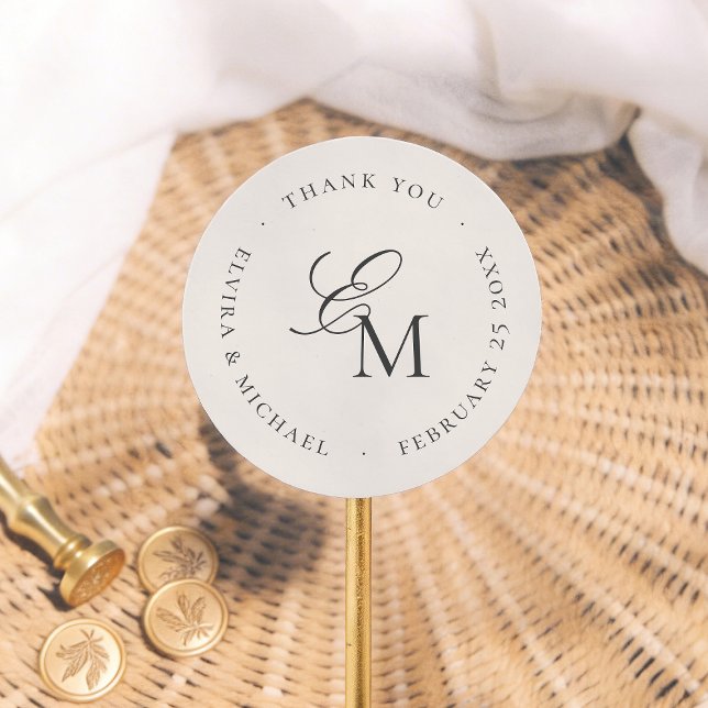 Pegatina Redonda Minimalist Monogram Wedding Thank You Favor (Subido por el creador)