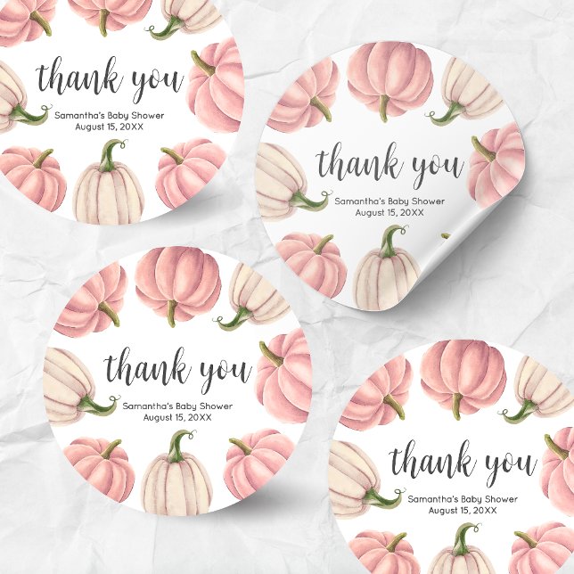 Pegatina Redonda Minimalist Pink Pumpkin Fall Baby Shower (Pink Pumpkin Baby Shower Round Sticker)