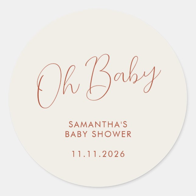 Pegatina Redonda Minimalist Script ivory Oh Baby (Anverso)