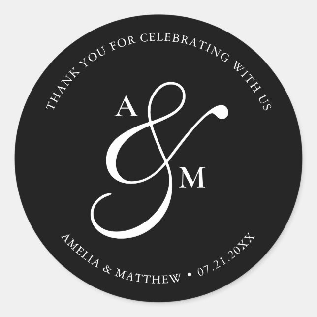 Pegatina Redonda Minimalist Script Monogram Wedding Black (Anverso)
