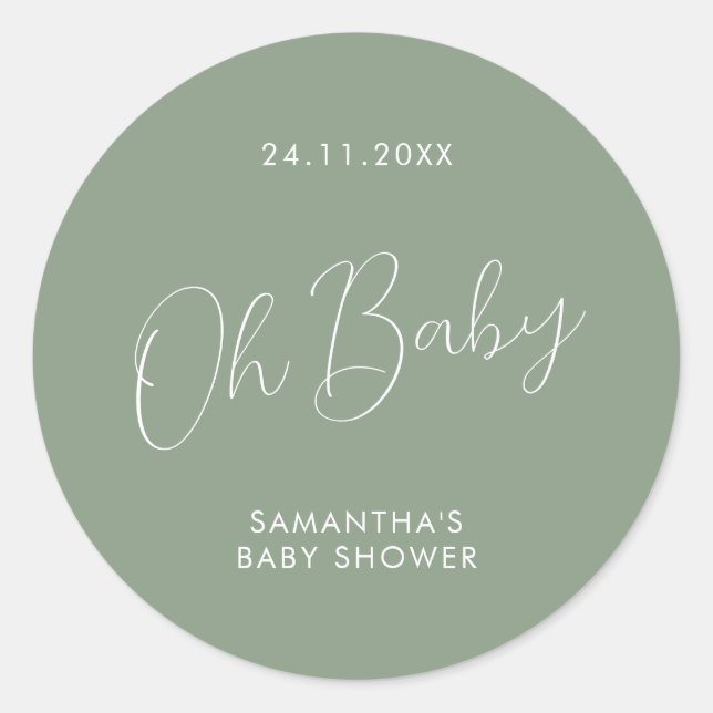 Pegatina Redonda Minimalist Script Sage Green Oh Baby Shower (Anverso)