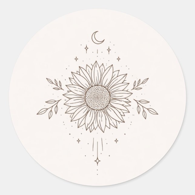 Pegatina Redonda Minimalist Sunflower & Moon Design (Anverso)