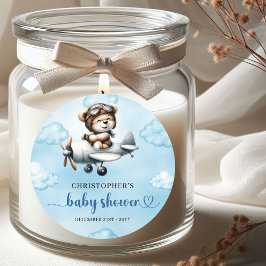 Pegatina Redonda Minimalist Teddy Bear Pilot Airplane Blue Brown