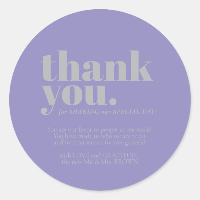 Pegatina Redonda Minimalist Thank You elegant Lavender Silver (Anverso)