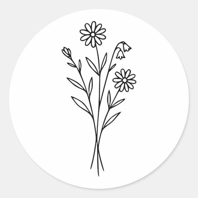 Pegatina Redonda Minimalist Wildflower Botanical Bouquet Line Art (Anverso)