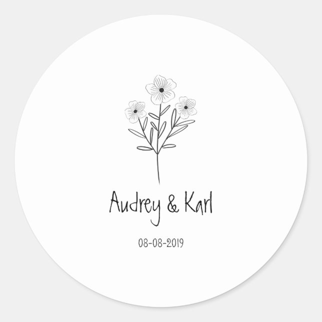 Pegatina Redonda Minimalist Wildflowers Wedding Monogram Design (Anverso)