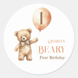 Pegatina Redonda Minimalista besito beige beary primer cumpleaños