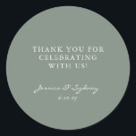 Pegatina Redonda Minimalista Dark Sage Green Script Personalizado G<br><div class="desc">Minimalista moderno Dark Sage Green Script Boda Personalizado Gracias Pegatina Redondo Clásico</div>